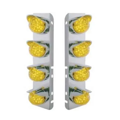 SS Front Air Cleaner Bracket With 8X 17 Amber LED Hi/Lo Watermelon Lights & SS Visors For Peterbilt -Amber Lens