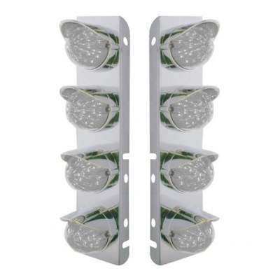 SS Front Air Cleaner Bracket With 8X 17 Amber LED Hi/Lo Watermelon Lights & SS Visors For Peterbilt-Clear Lens