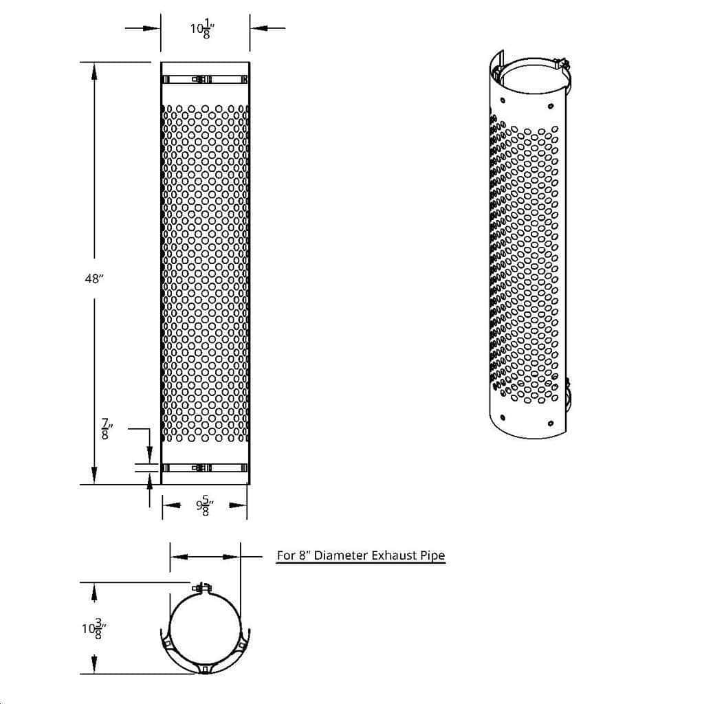 48" Tall 180 Degree Stainless Exhaust Muffler Shield For 8" Diameter Exhaust - Round Slot