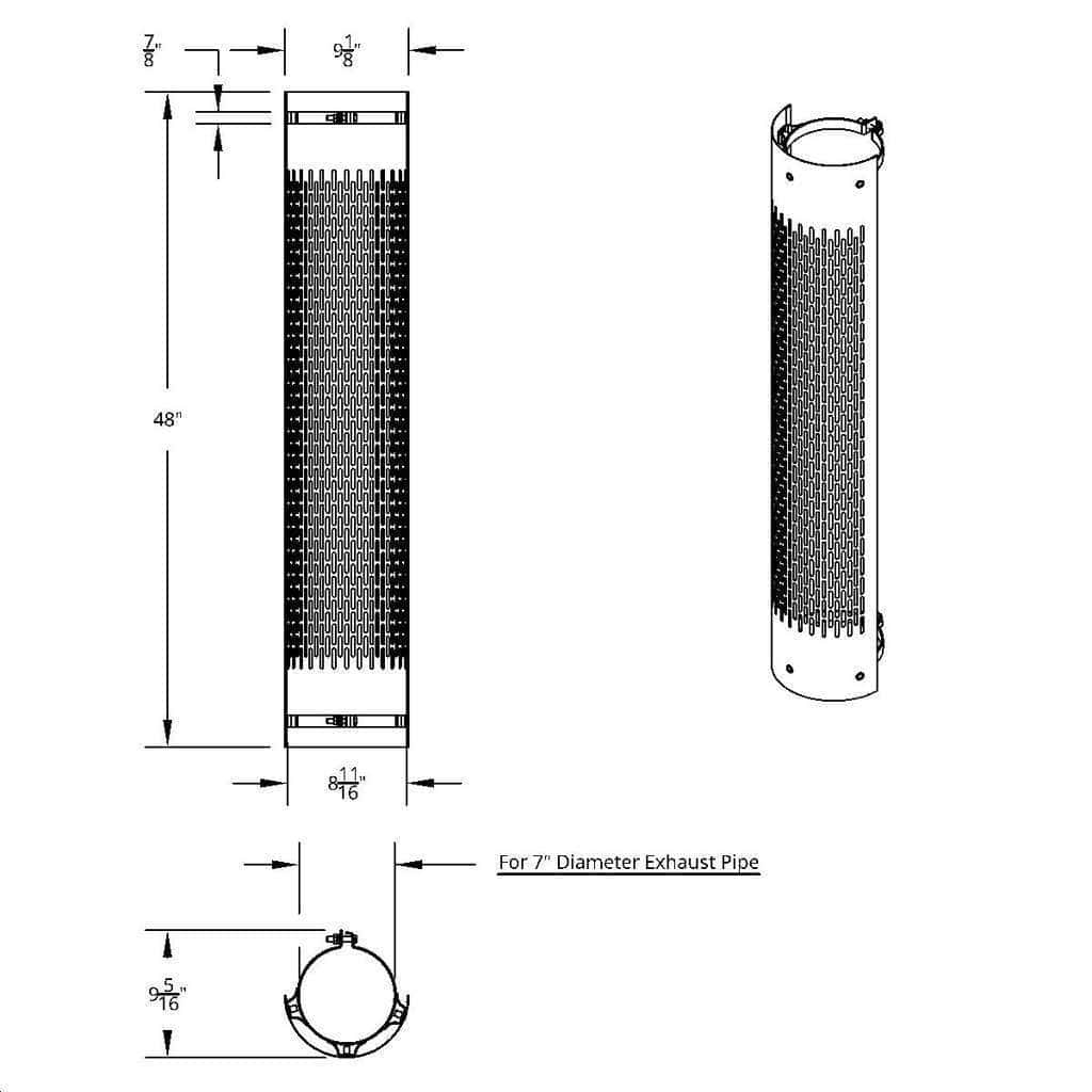 48" Tall 180 Degree Stainless Exhaust Muffler Shield For 7" Diameter Exhaust - Vertical Slot