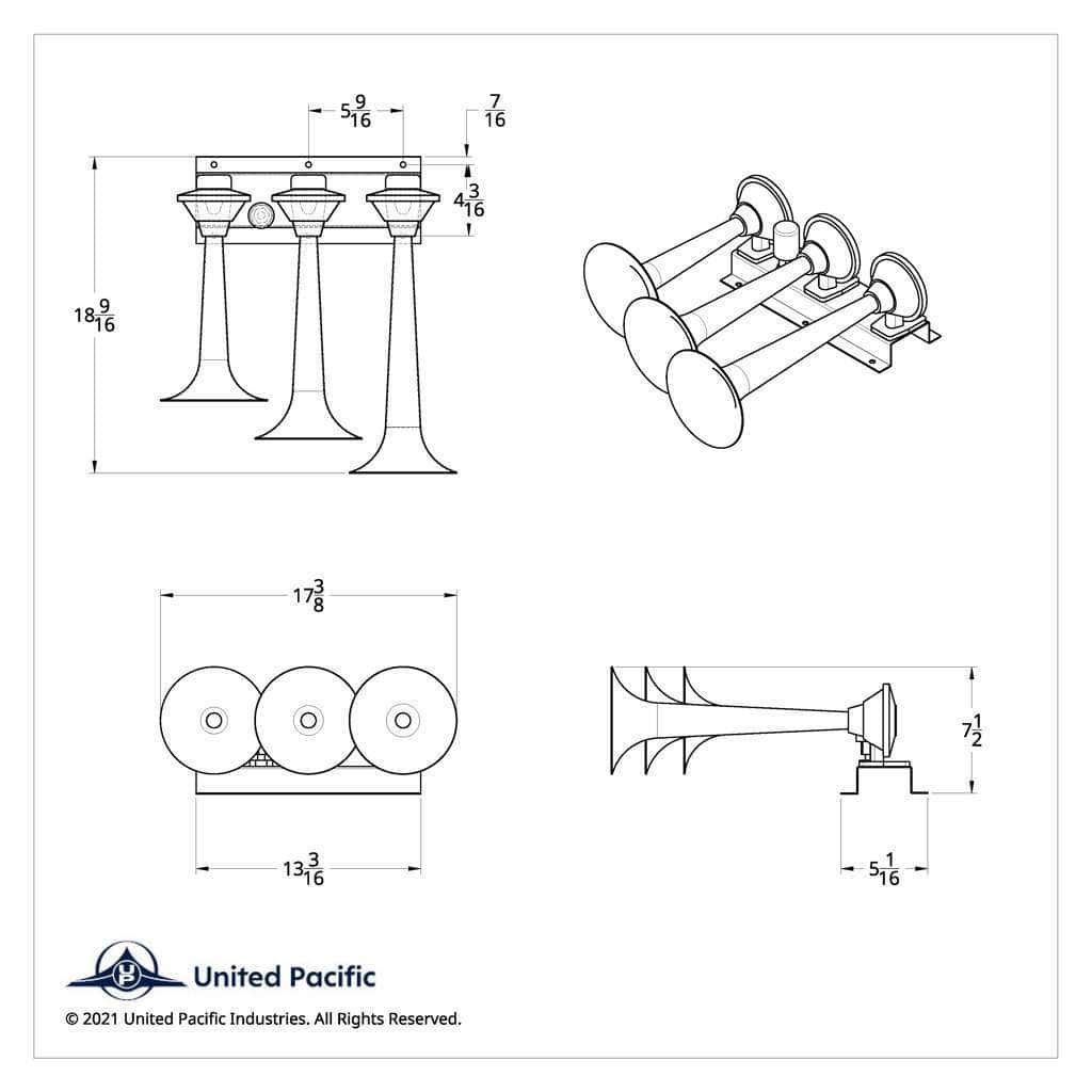 3 Trumpets Horizontal Chrome Train Horn 3 3 Trumpets Horizontal Chrome Train Horn