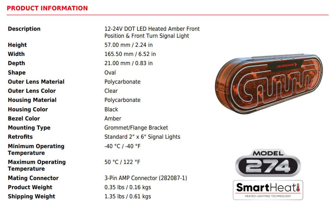 Jw Speaker 2″X6″ Heated Oval Led Light – Model 274 (Amber Front/Turn) 6 JW Speaker 2″x6″ Heated Oval LED Signal Light – Model 274 Amber Front Position/Turn Signal Light