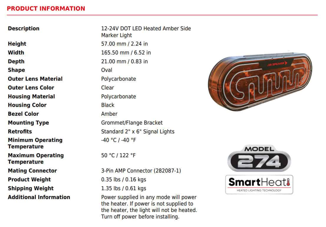 Jw Speaker 2″X6″ Heated Oval Led Light – Model 274 (Amber Side Marker) 5 JW Speaker 2″x6″ Heated Oval LED Signal Light – Model 274 Amber Side Marker Light