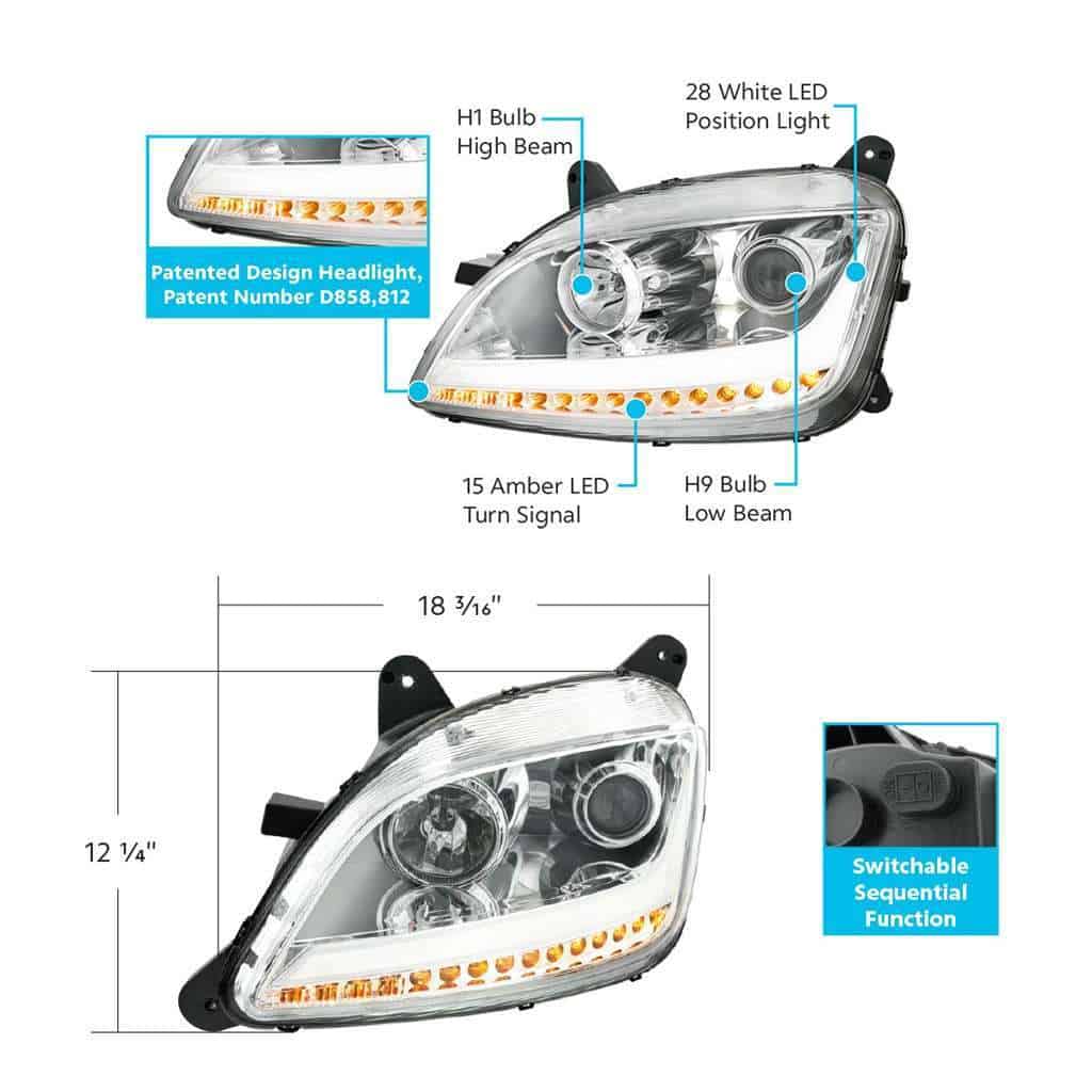 Peterbilt 579 Chrome Projection Headlights With Led Position &Amp; Sequential Signal 6 Projection Headlight With LED Position Light & Sequential Signal For 2012-2021 Peterbilt 579