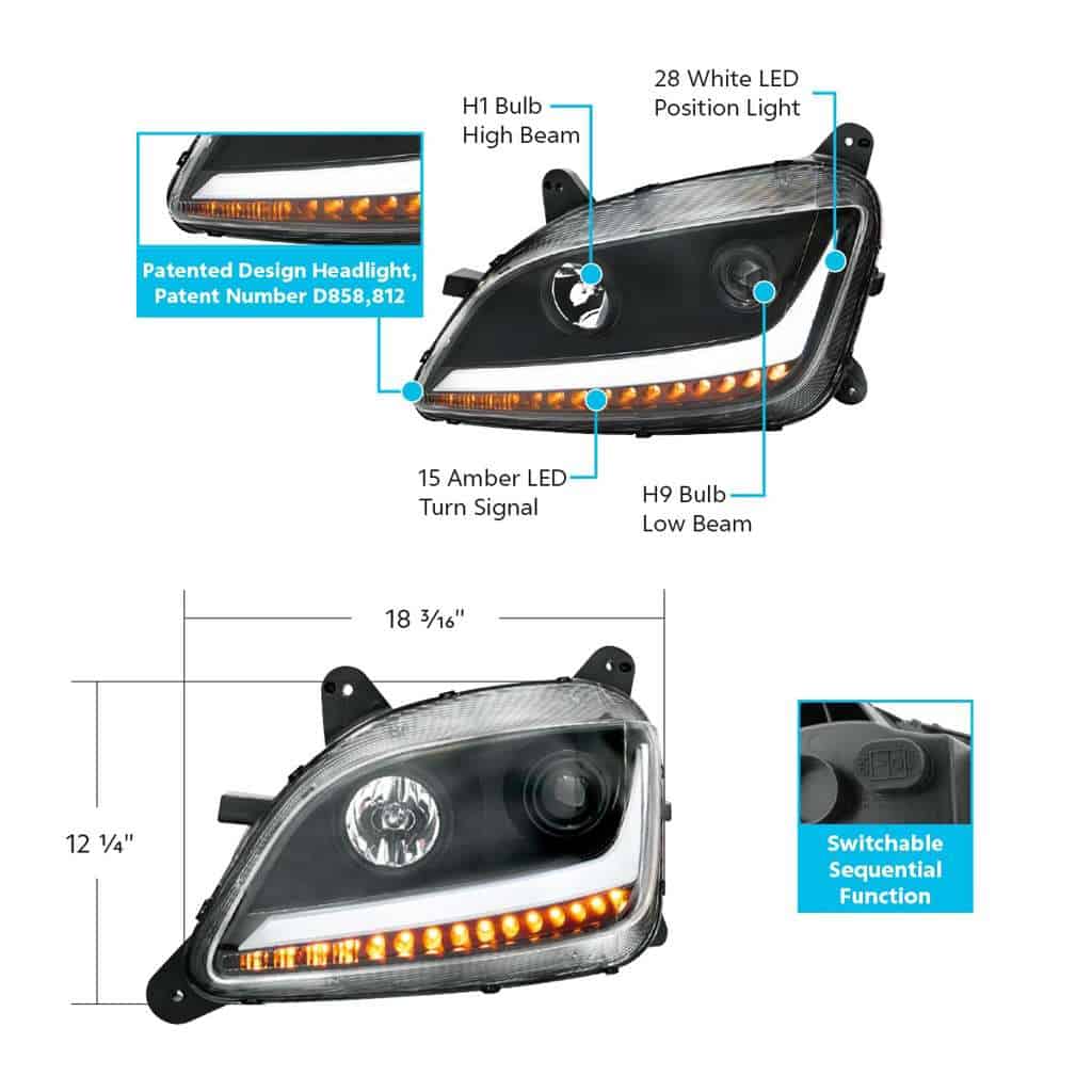 Peterbilt 579 Black Projection Headlights With Led Position &Amp; Sequential Turn Signal 6 Projection Headlight With LED Position Light & Sequential Signal For 2012-2021 Peterbilt 579