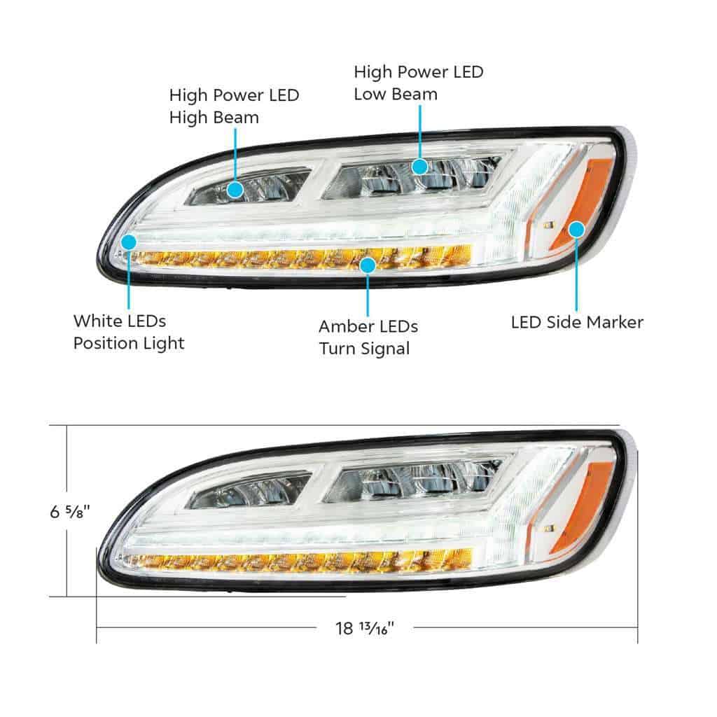 Peterbilt 386 / 387 Chrome 6-Led Headlights With Drl &Amp; Turn Signal 5 6 LED Headlight For Peterbilt 386 (2006-2016) & 387 (2000-2011)-Chrome