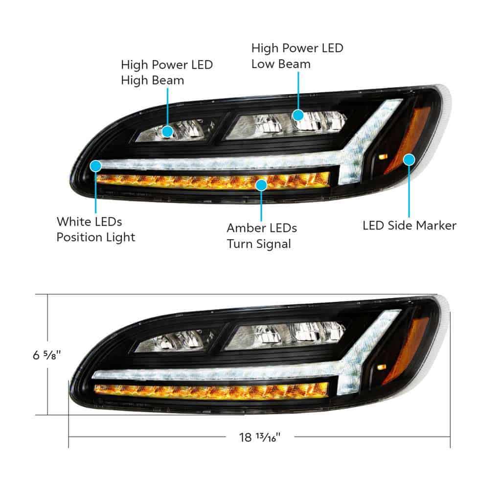 Peterbilt 386 / 387 Blackout 6-Led Headlights With Drl &Amp; Turn Signal 5 6 LED Headlight For Peterbilt 386 (2006-2016) & 387 (2000-2011)-Black
