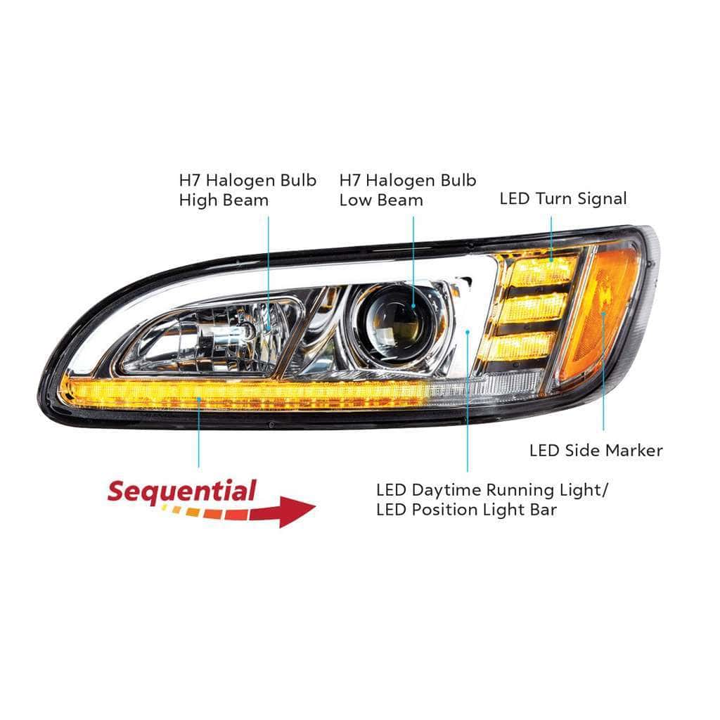 Peterbilt 386 Chrome Projection Headlights With Led Drl &Amp; Sequential Turn Signal 9 Projection Headlight With LED Sequential Turn & DRL For 2005-2015 Peterbilt 386-Chrome