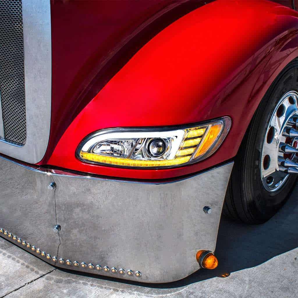 Peterbilt 386 Chrome Projection Headlights With Led Drl &Amp; Sequential Turn Signal 8 Projection Headlight With LED Sequential Turn & DRL For 2005-2015 Peterbilt 386-Chrome