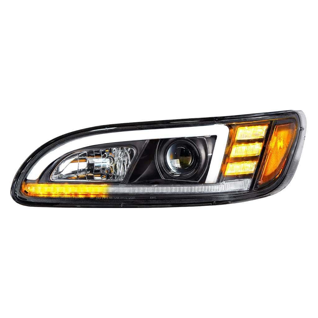 Peterbilt 386 Black Projection Headlights with LED DRL & Sequential Turn Signal