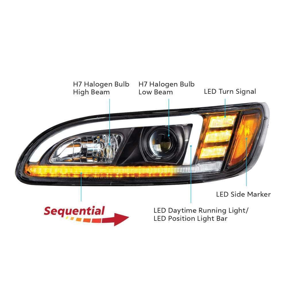 Peterbilt 386 Black Projection Headlights With Led Drl &Amp; Sequential Turn Signal 9 Projection Headlight With LED Sequential Turn & DRL For 2005-2015 Peterbilt 386-Black