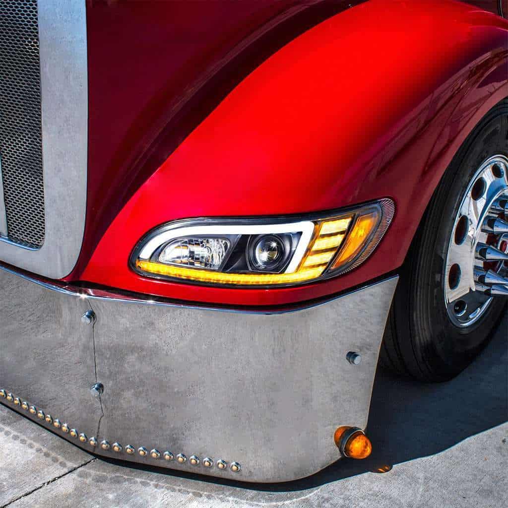 Peterbilt 386 Black Projection Headlights With Led Drl &Amp; Sequential Turn Signal 8 Projection Headlight With LED Sequential Turn & DRL For 2005-2015 Peterbilt 386-Black