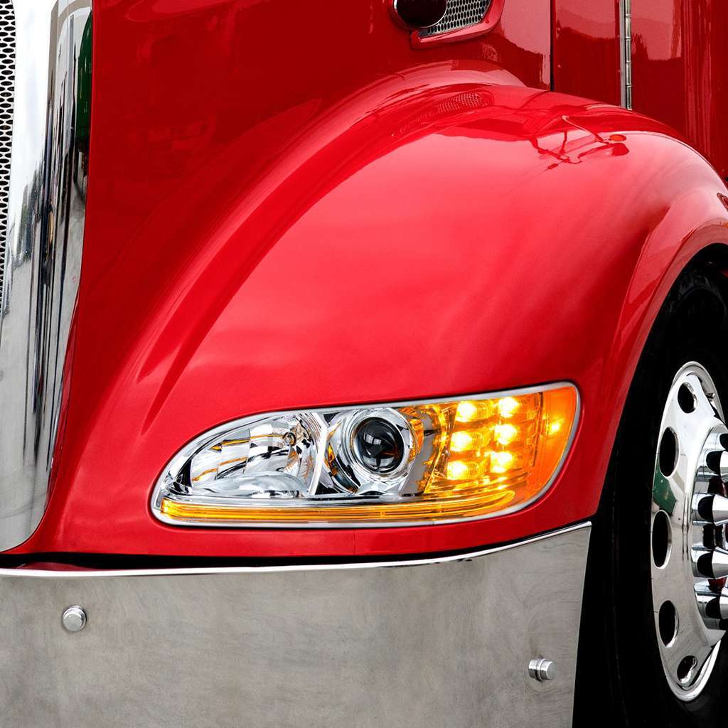 Peterbilt 386 Chrome Projection Headlights With Led Light Bar &Amp; Turn Signal 7 Projection Headlight With LED Position Light & LED Turn Signal for 2005-2015 Peterbilt 386-Chrome