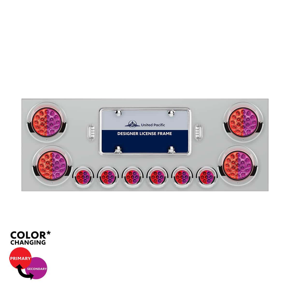 SS Rear Center Panel With 4X 19 LED 4" & 6X 7 LED 2" Double Fury Lights & Visors-Red & Purple LED