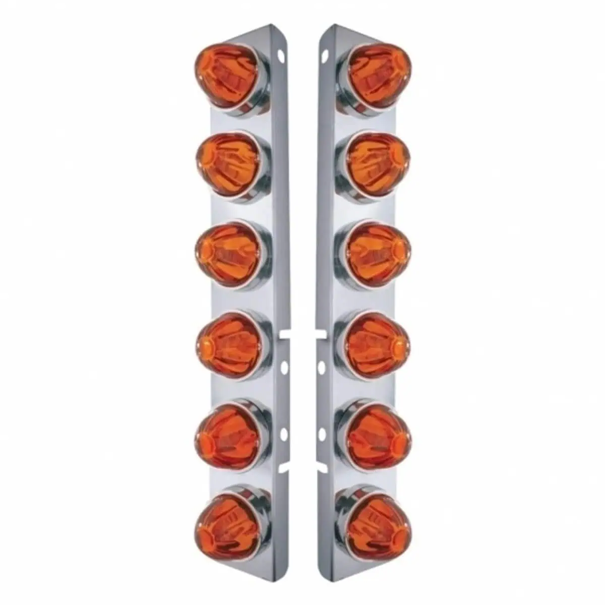 SS Front Air Cleaner Bracket With 12X Glass Watermelon Lights & SS Bezels For Peterbilt (Dark Amber Glass Lens)