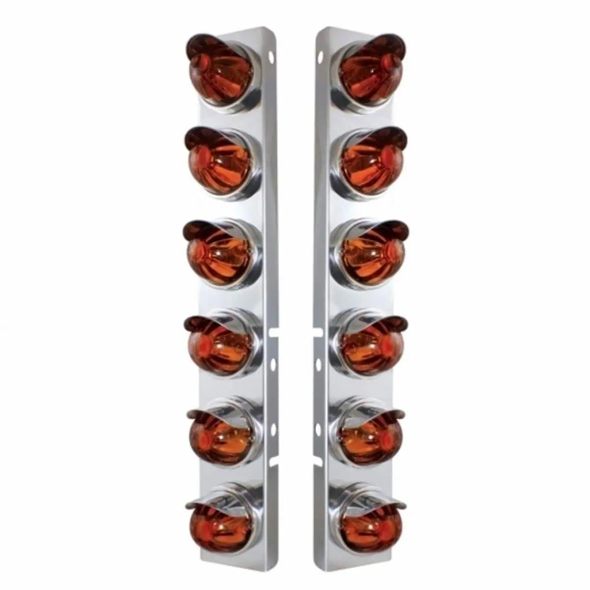 SS Front Air Cleaner Bracket With 12X Glass Watermelon Lights & SS Visors For Peterbilt (Dark Amber Glass Lens)