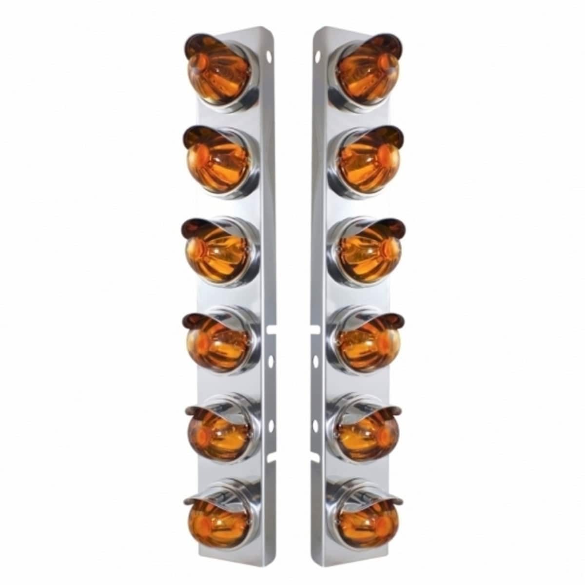 SS Front Air Cleaner Bracket With 12X Glass Watermelon Lights & SS Visors For Peterbilt (Amber Glass Lens)