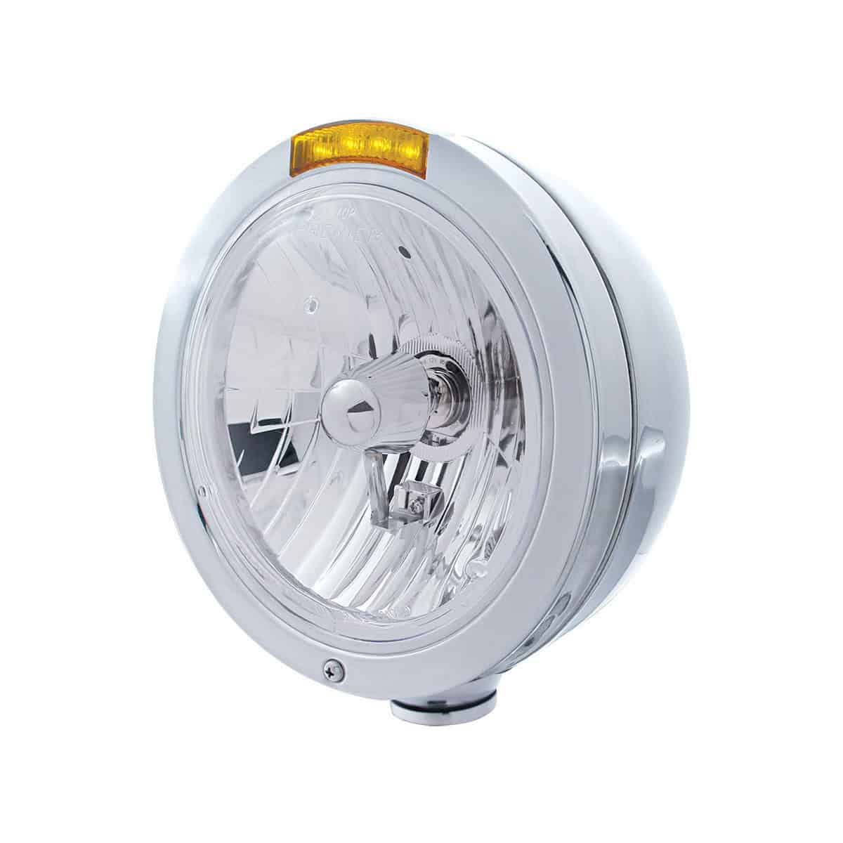 Stainless Steel Bullet Classic Headlight Assembly With Crystal H4 Bulb & LED Turn Signal