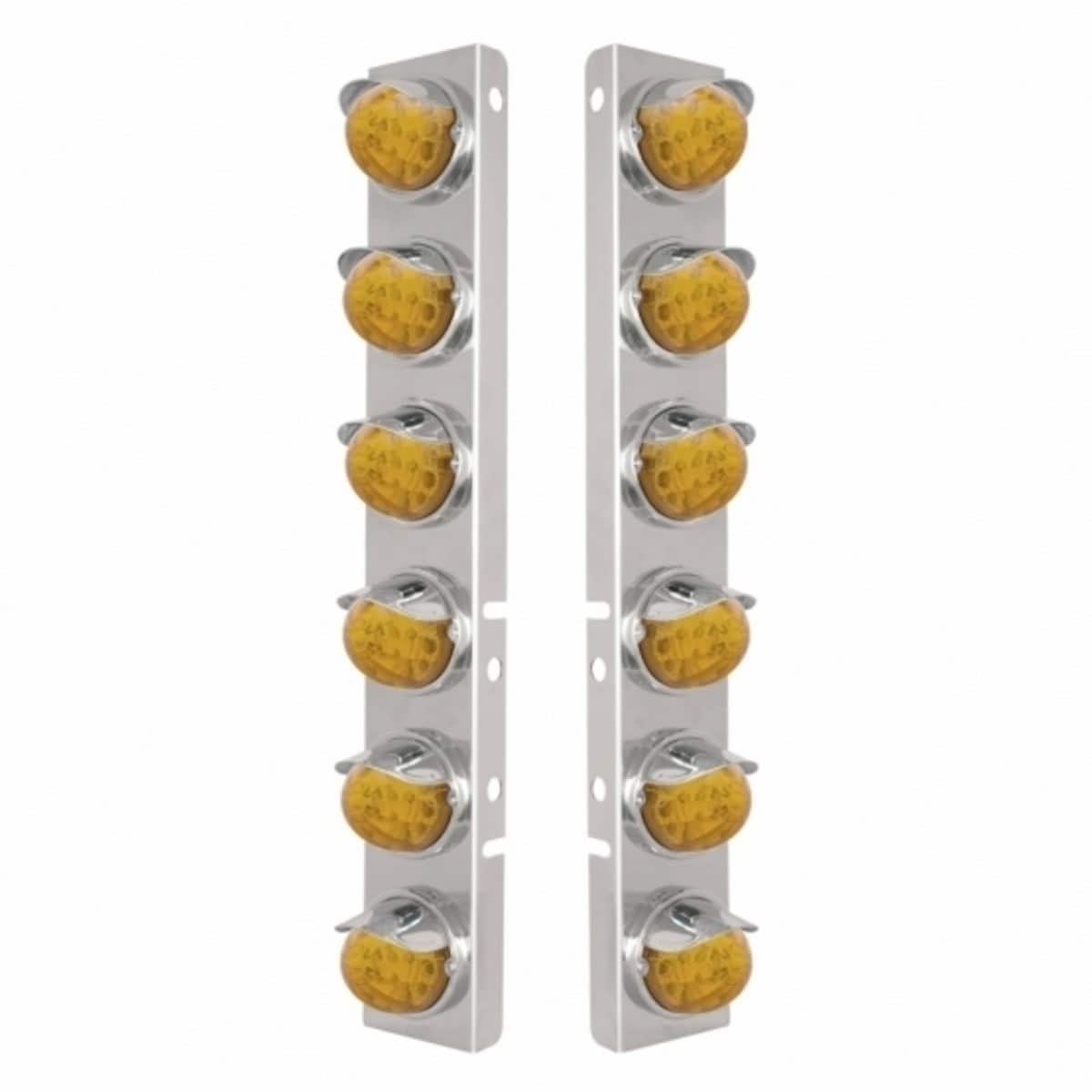 Stainless Front Air Cleaner Bracket With 12× 17 LED Watermelon Lights & SS Visors For Peterbilt – Amber LED (Clear or Amber Lens)