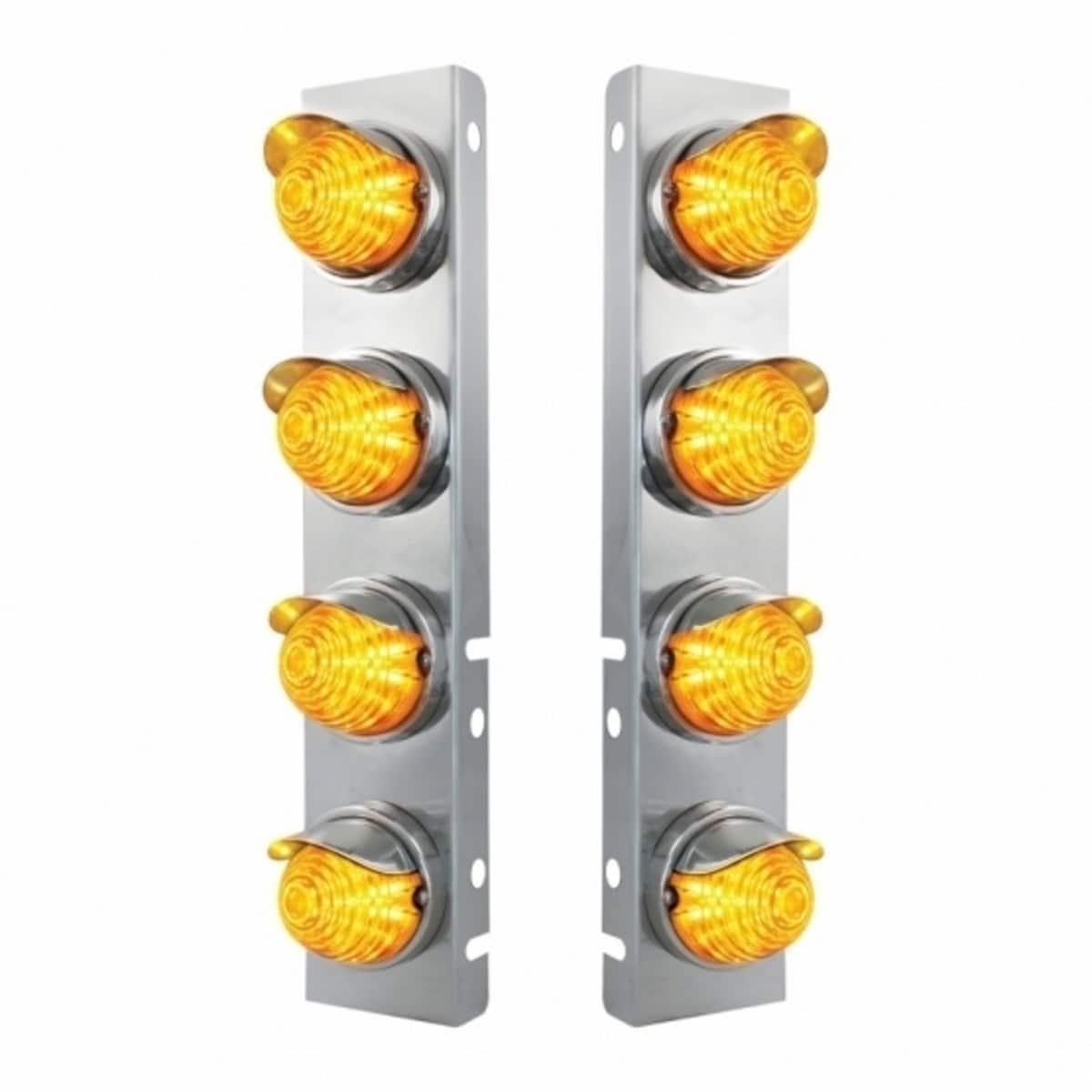 SS Front Air Cleaner Bracket With 8X 17 LED Beehive Lights & SS Visors For Peterbilt (Amber LED / Amber Lens)