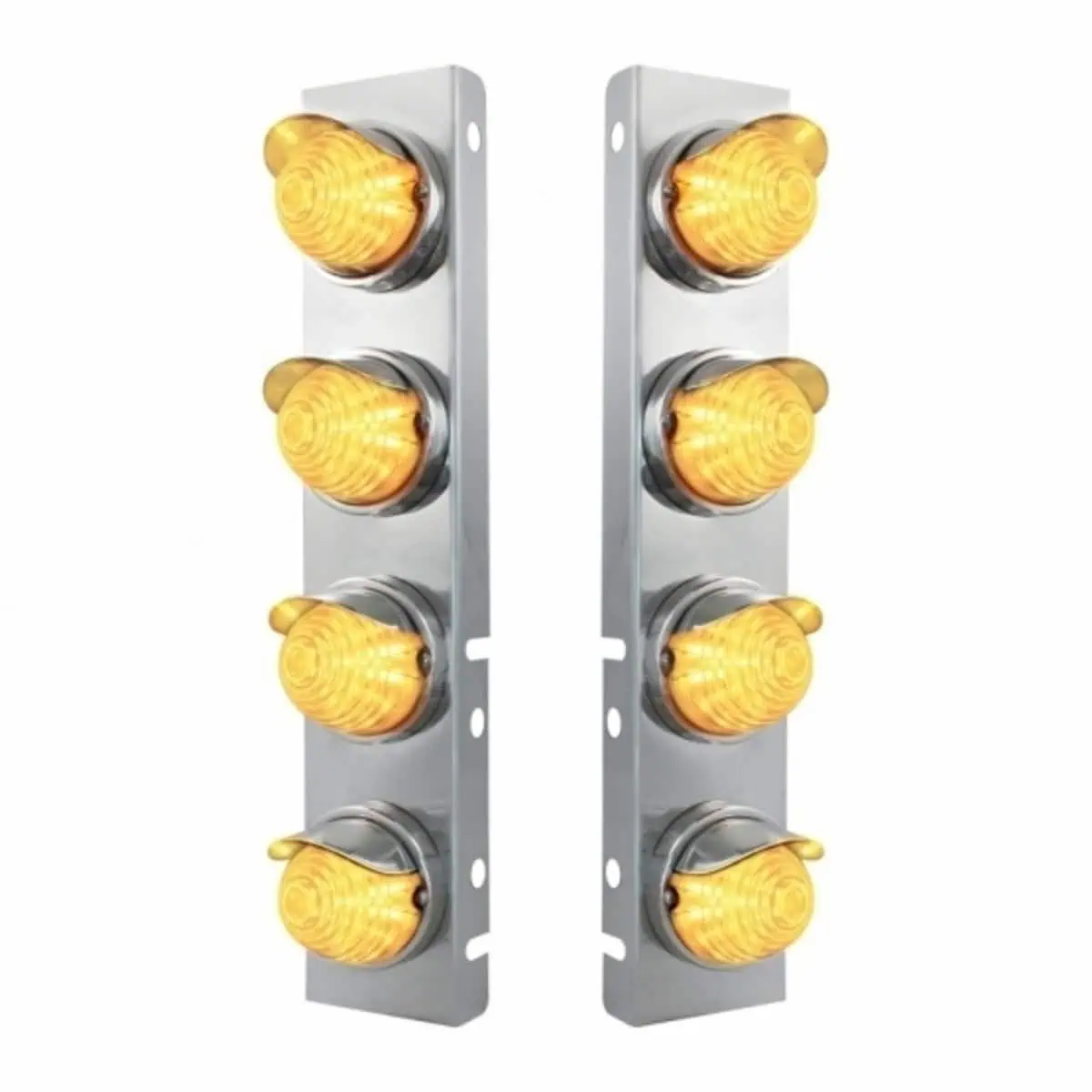 SS Front Air Cleaner Bracket With 8X 17 LED Beehive Lights & SS Visors For Peterbilt (Amber LED / Clear Lens)