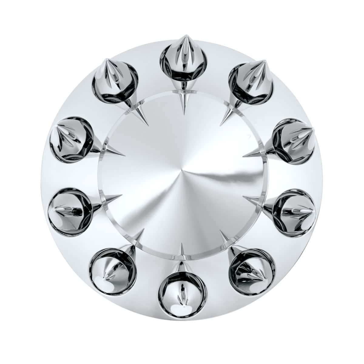 Pointed Front Axle Cover With 33Mm X 4-3/4&Quot; Super Spike Push-On Nut Covers - Chrome 3 Pointed Front Axle Cover With 33mm x 4-3/4" Super Spike Push-On Nut Covers - Chrome