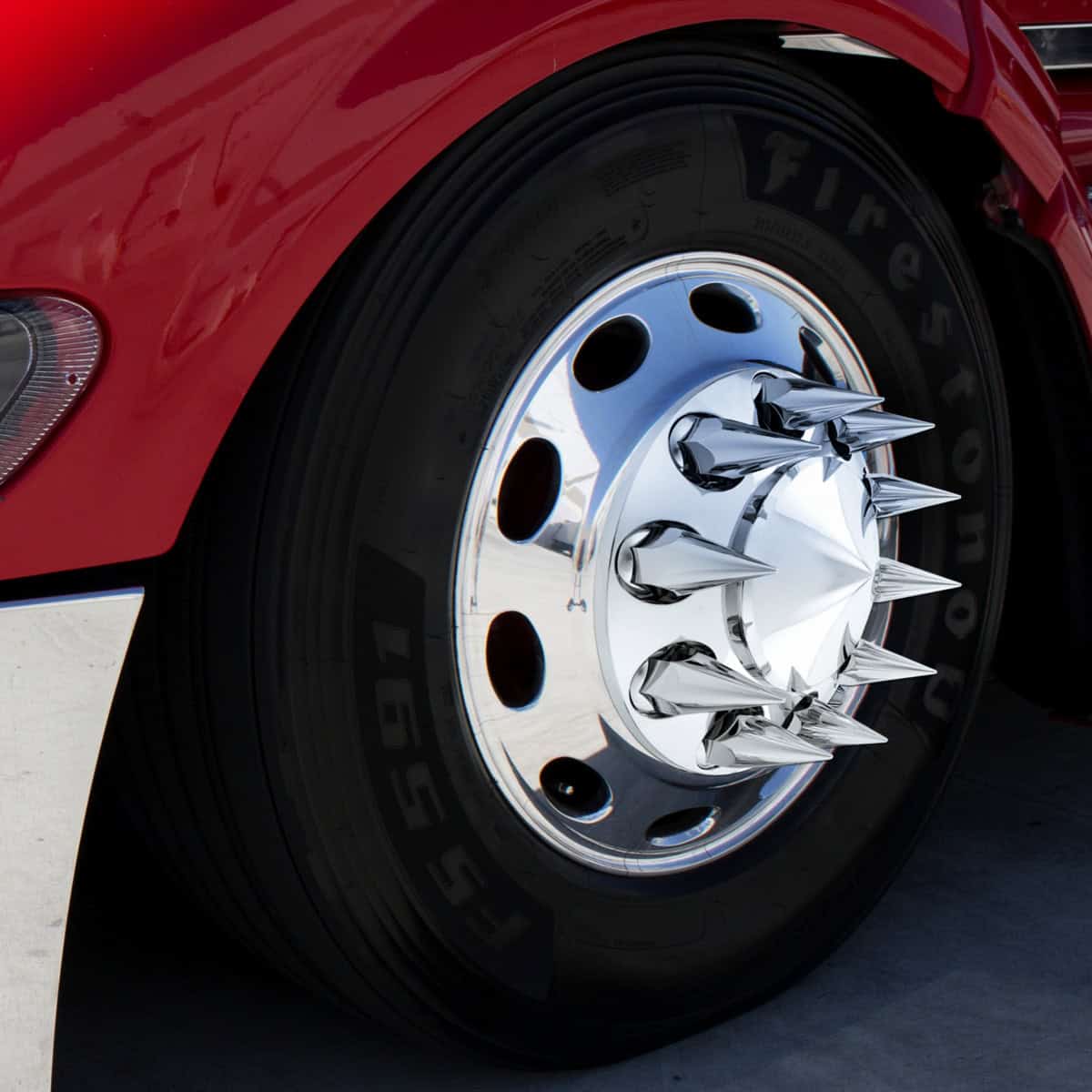 Pointed Front Axle Cover With 33Mm X 4-3/4&Quot; Super Spike Push-On Nut Covers - Chrome 6 Pointed Front Axle Cover With 33mm x 4-3/4" Super Spike Push-On Nut Covers - Chrome