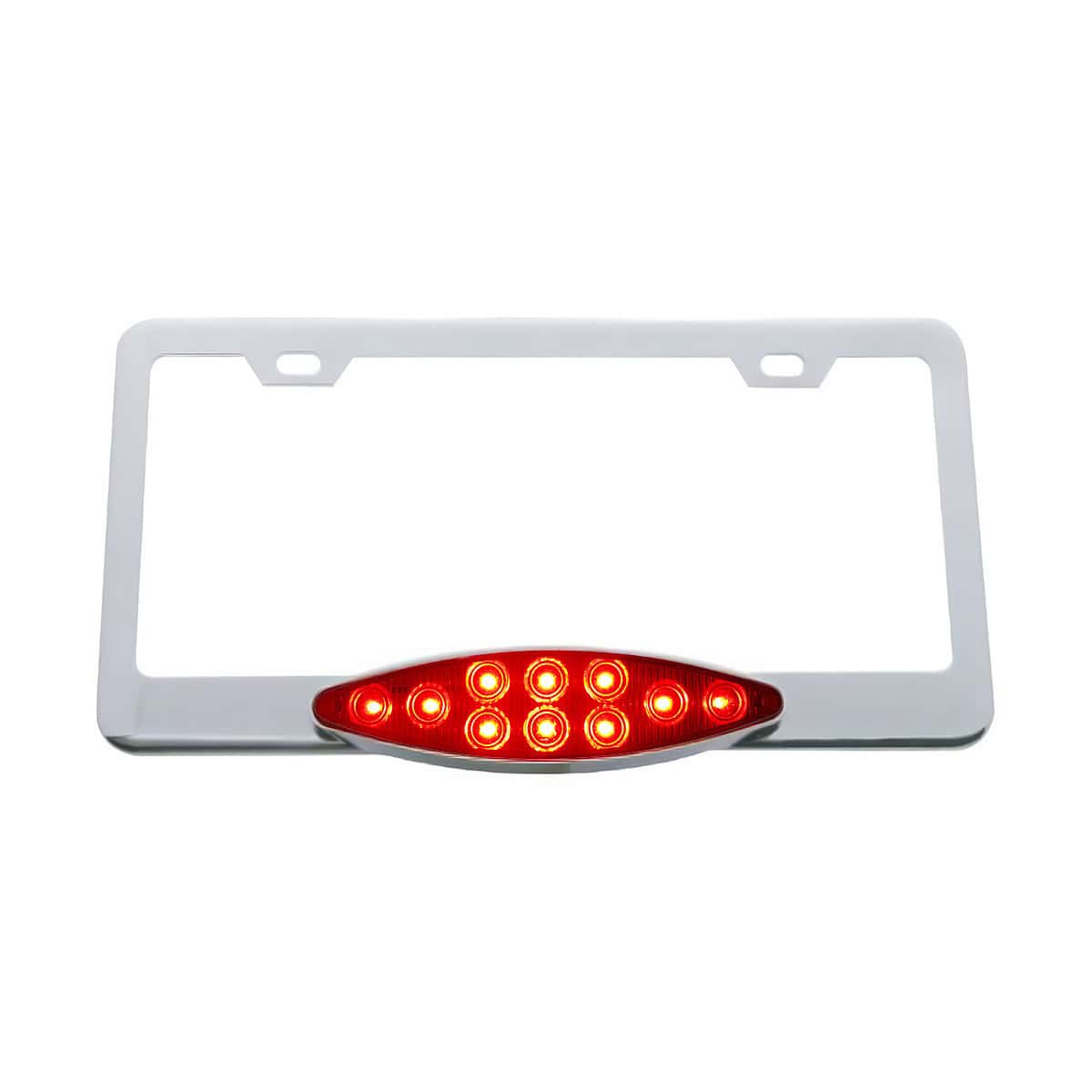 Chrome License Plate Frame With 10 LED Cats Eye Light - Red LED/Red Lens
