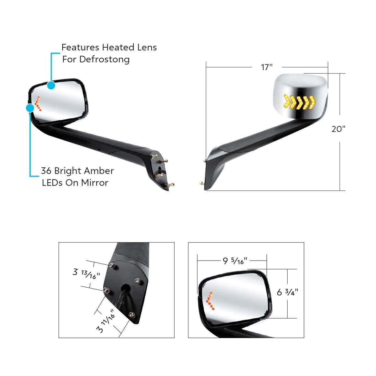 Hood Mirror Assembly W/Led Lights On Mirror Cover &Amp; Glass For 2018-2026 Freightliner Cascadia 6 Hood Mirror Assembly W/LED Lights On Mirror Cover & Glass For 2018-2026 Freightliner Cascadia