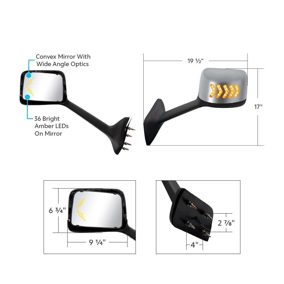 Chrome Plastic Hood Mirror Assembly With Sequential Led Turn Signals For 2018-2024 International Lt 6 Chrome Plastic Hood Mirror Assembly With Sequential LED Turn Signals For 2018-2024 International LT