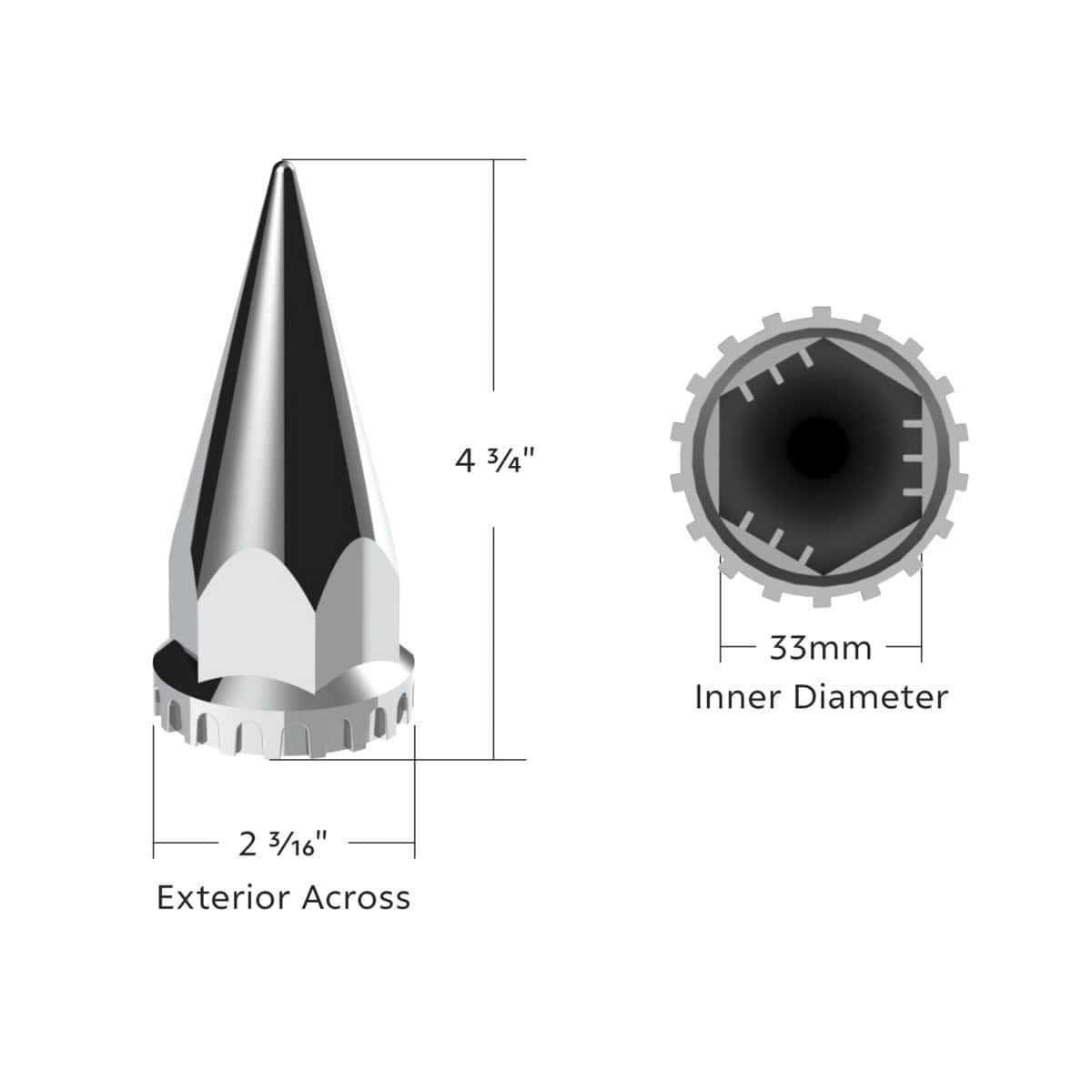 33Mm X 4-3/4&Quot; Chrome Super Spike Nut Covers - Push-On (Box Of 10) 5 33mm X 4-3/4" Chrome Super Spike Nut Covers - Push-On (Box of 10)