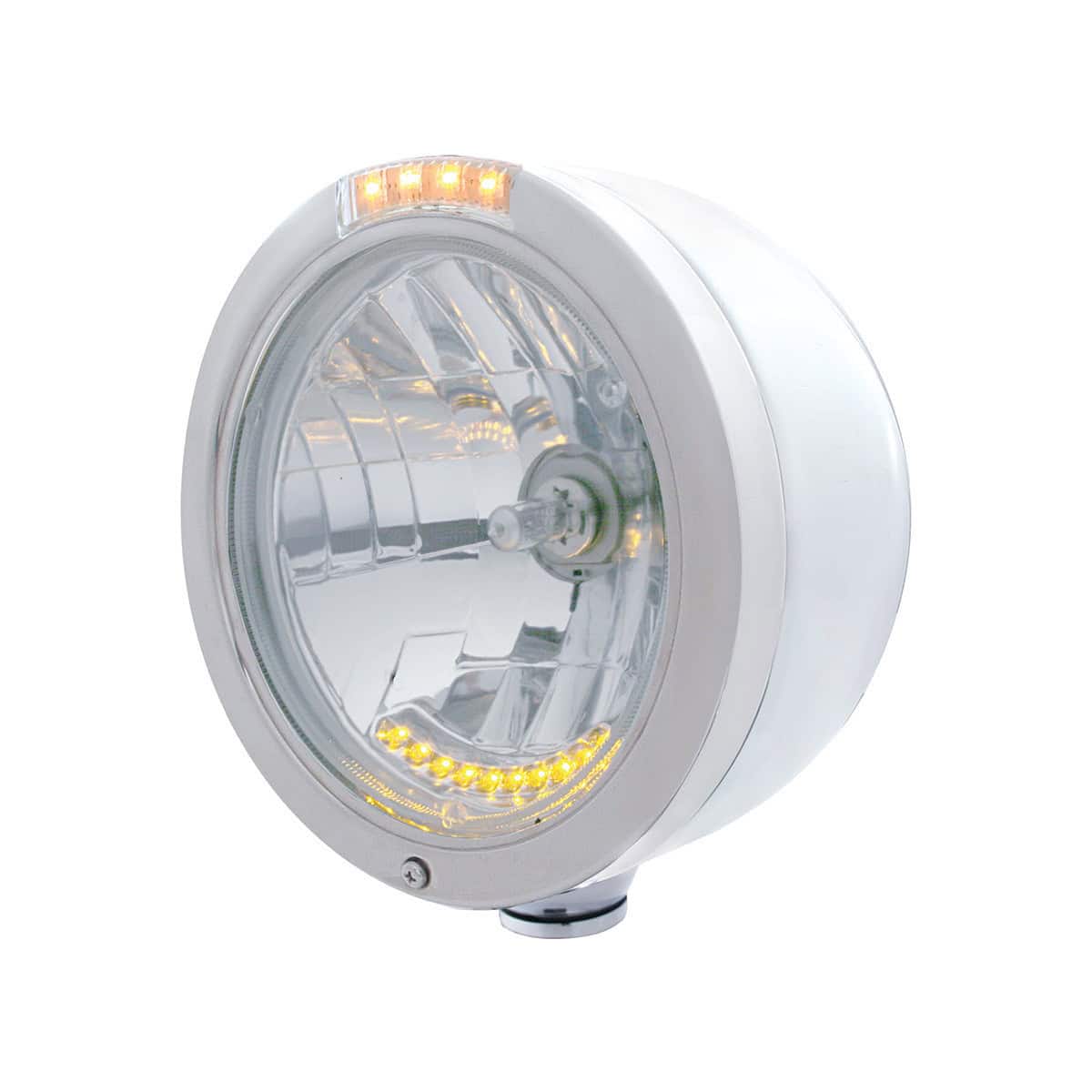 Stainless Steel Bullet Half Moon Headlight H4 With 10 Amber Led &Amp; Led Turn Signal 5 Stainless Steel Bullet Half Moon Headlight H4 With 10 Amber LED & LED Turn Signal