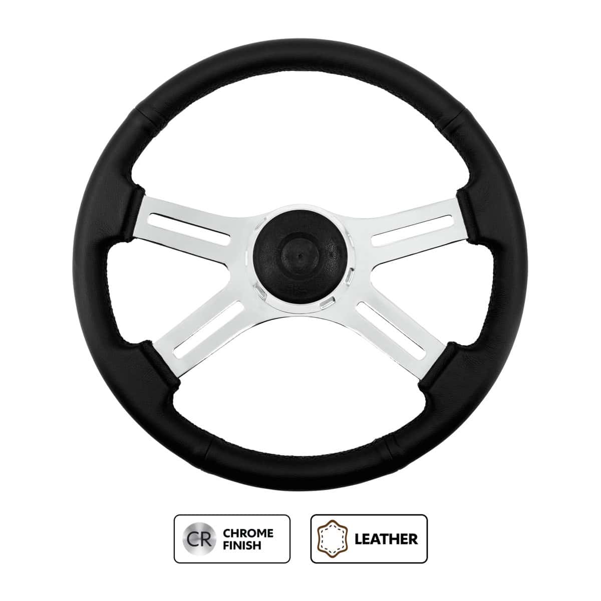 18" Black Leather Rim 4 Spoke Steering Wheel With Chrome Horn Bezel and Horn Button