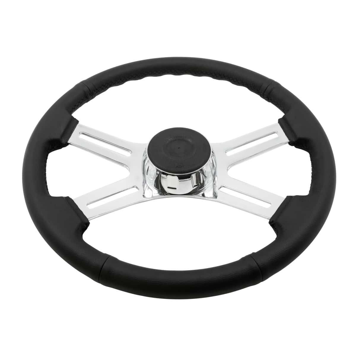 18&Quot; Black Leather Rim 4 Spoke Steering Wheel With Chrome Horn Bezel And Horn Button 3 18" Black Leather Rim 4 Spoke Steering Wheel With Chrome Horn Bezel and Horn Button