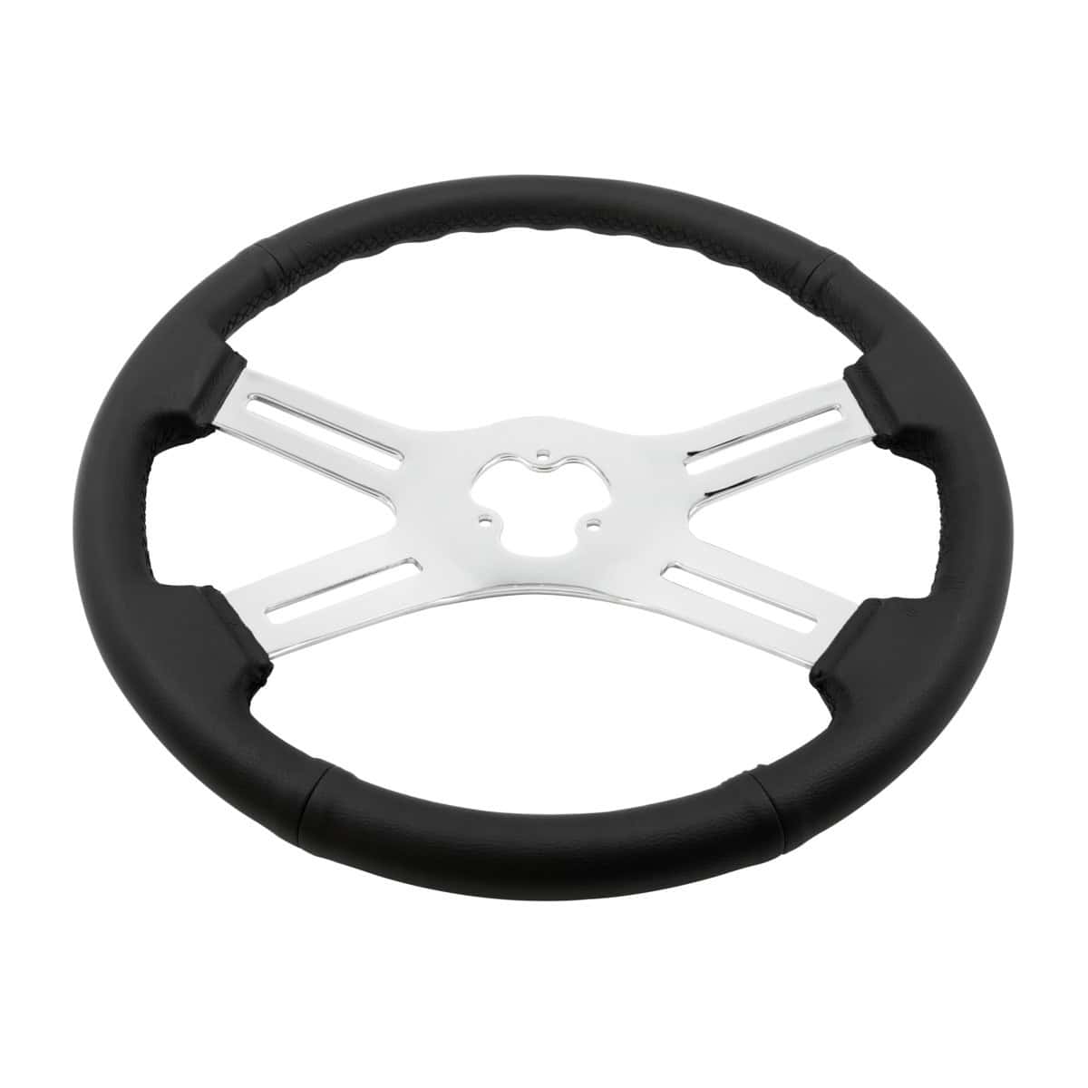18&Quot; Black Leather Rim 4 Spoke Steering Wheel With Chrome Horn Bezel And Horn Button 4 18" Black Leather Rim 4 Spoke Steering Wheel With Chrome Horn Bezel and Horn Button