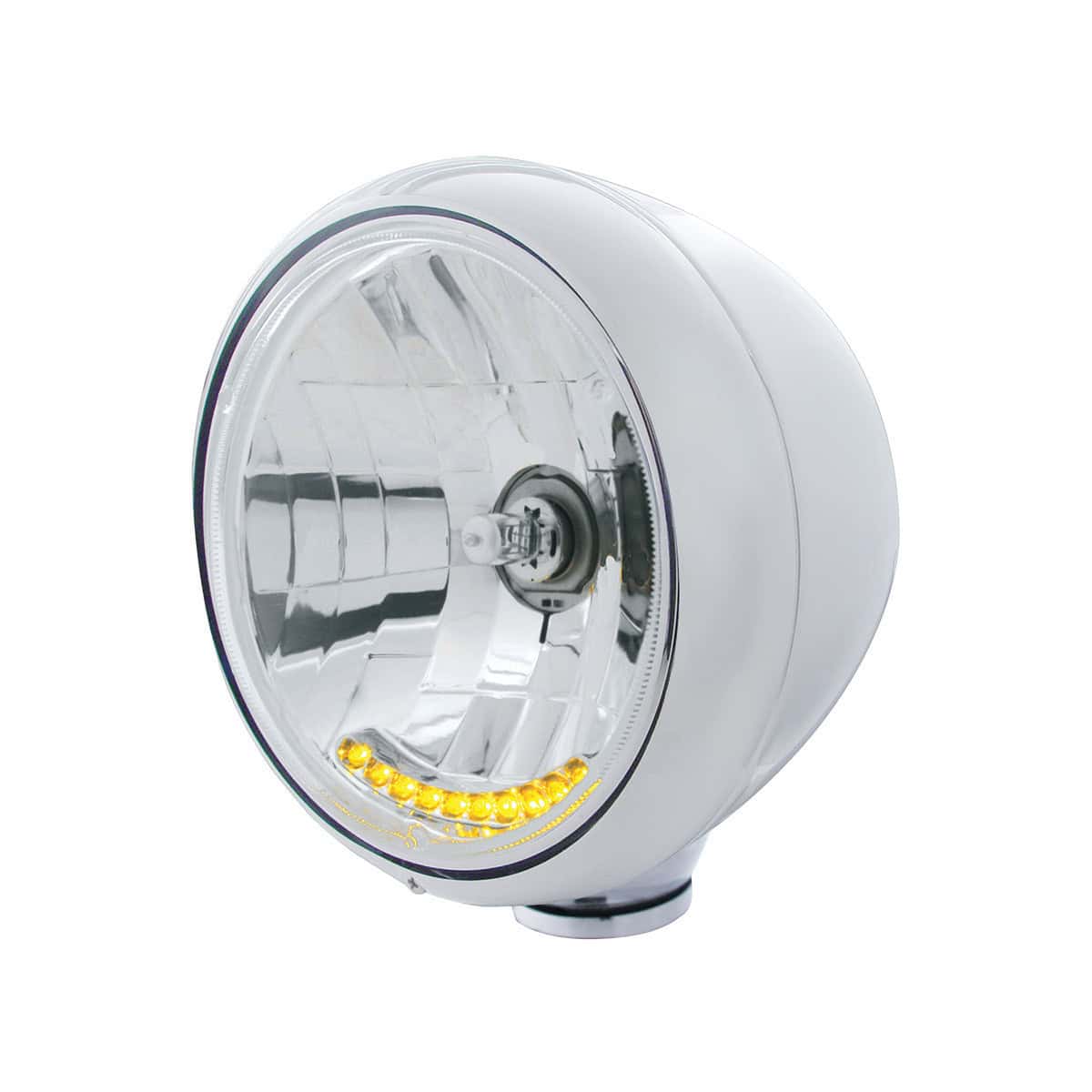 United Pacific Chrome Guide 682-C Style Headlight H4 Bulb With 10 Amber LED