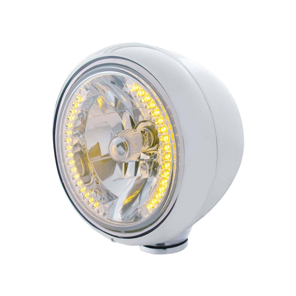 United Pacific Chrome Guide 682-C Style Headlight H4 Bulb With 34 Amber LED