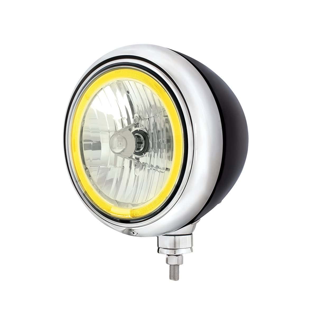 United Pacific Black Guide Headlight 9007 Bulb With Amber LED Halo Rim