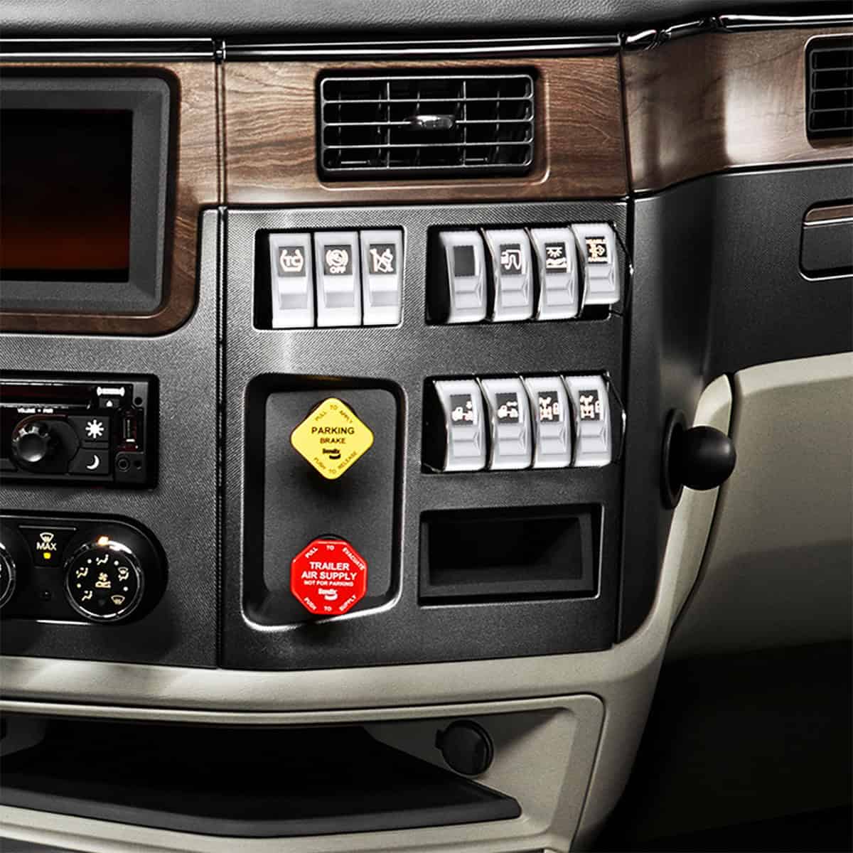 Chrome Plastic Rocker Switch Cover For Peterbilt 579 (Pair) 6 Chrome rocker switch covers installed on a Peterbilt dashboard