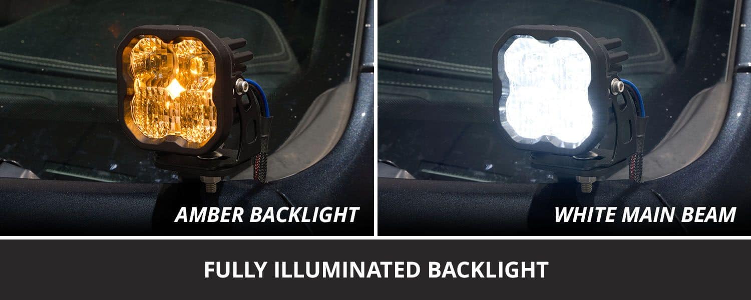 Diode Dynamics Stage Series Ditch Light Kit For 2019-2024 Ram Ss3 6 SS3 amber accent backlight compared with the white main beam on the Ram 1500.