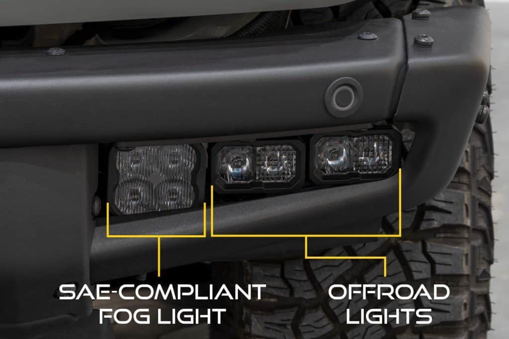 Diode Dynamics Stage Series Fog Pocket Kit For 2021+ Ford Bronco 59 Each side uses one SAE fog pod and two off-road Combo pods. Road use applies only to the correctly installed and aimed fog function.