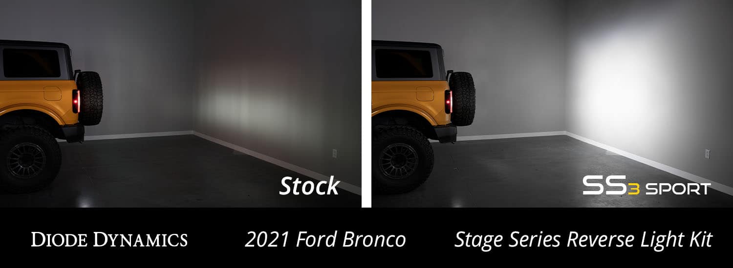 Manufacturer stock-versus-SS3 Sport reverse-light beam comparison for the Bronco.