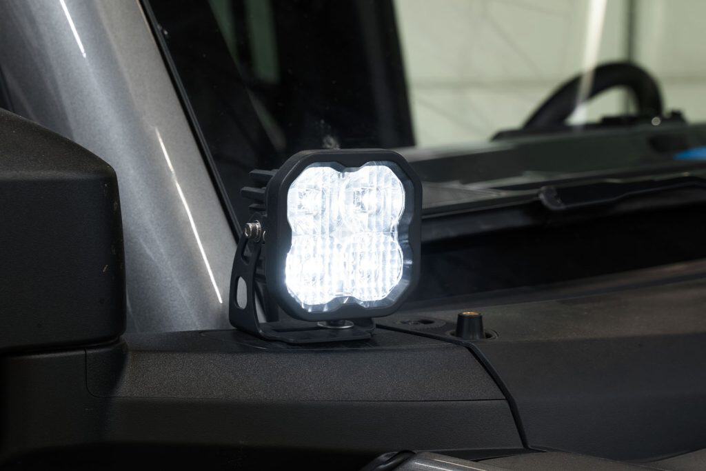 Diode Dynamics Ss3 Led Ditch Light Kit For 2021+ Ford Bronco 54 SS3 installed at the Bronco factory Accessory Ready A-pillar mounting point.