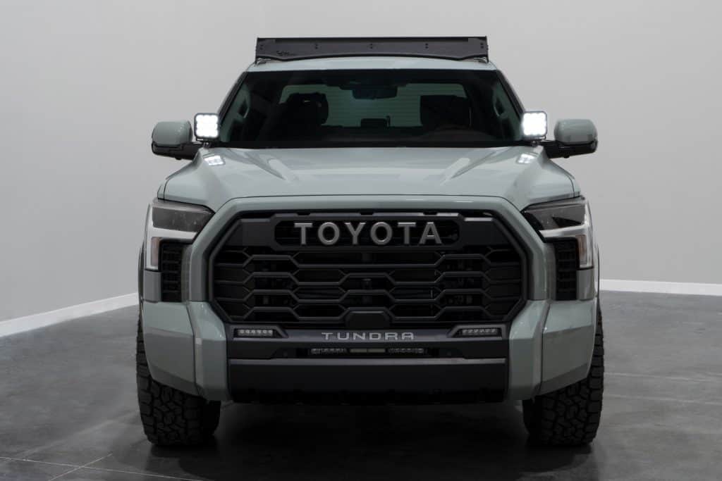 Front view of the Tundra with its SS5 ditch lights on. Other vehicle lighting is not supplied in this kit.