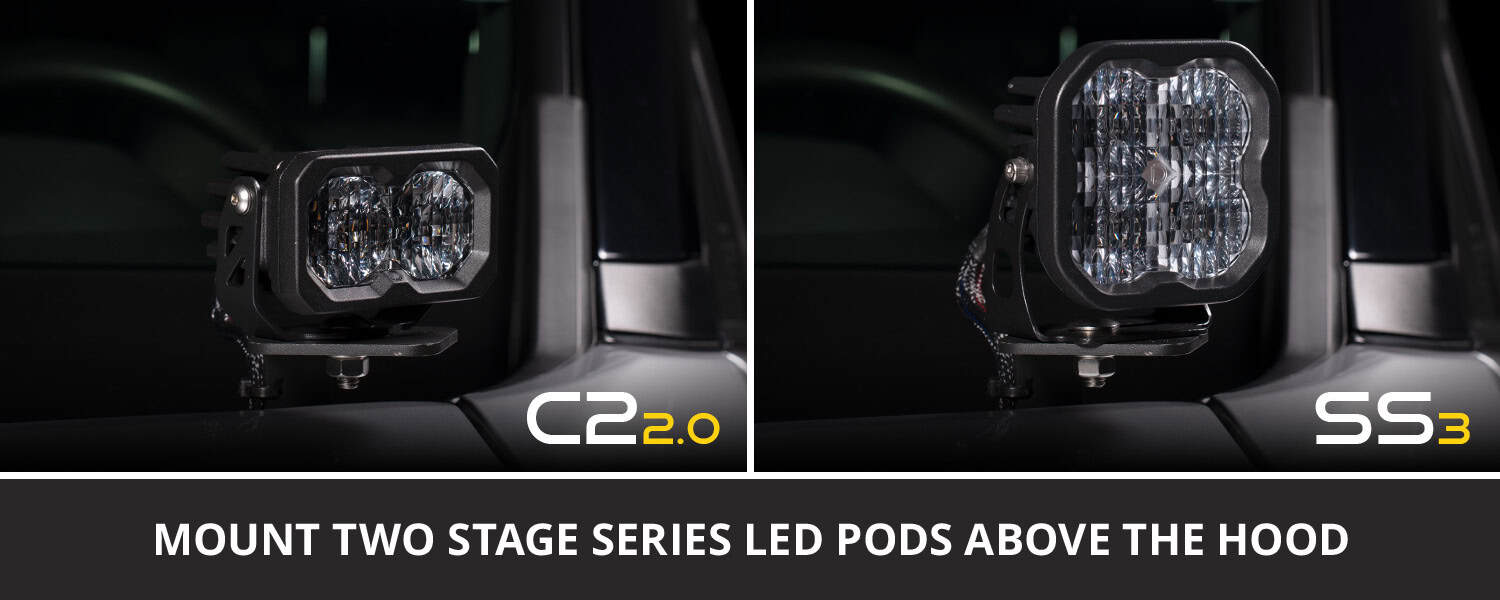 Diode Dynamics Ss3 Led Ditch Light Kit For 2014-2019 Silverado/Sierra 7 SS3 and C2 mounting-size comparison photographed on a RAV4. This illustrates pod sizes, not GM fitment.