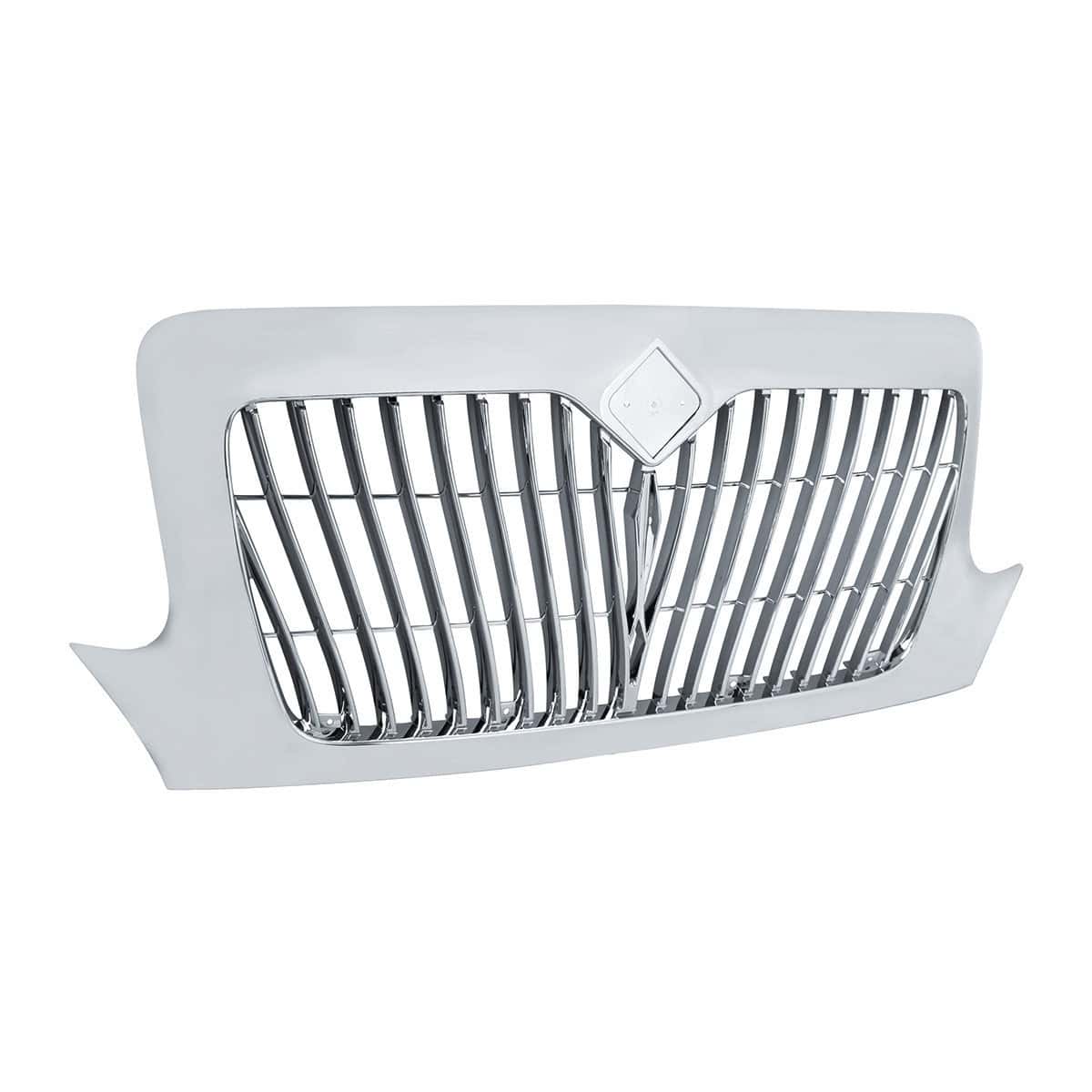 Chrome grille with curved bars for 2002–2018 International DuraStar, angled view