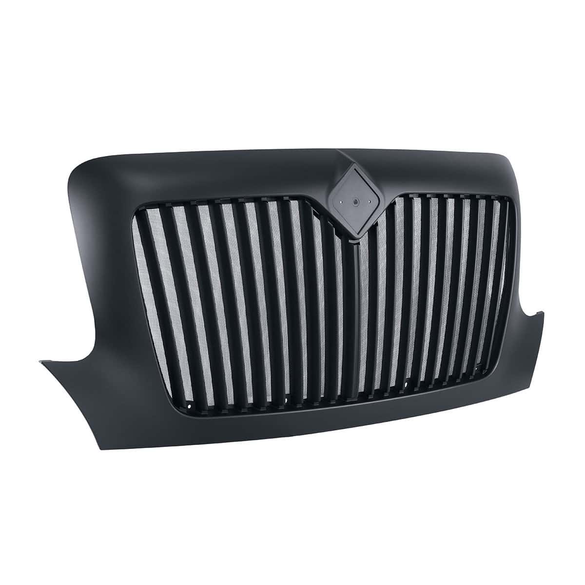 Black grille with steel bug screen for 2002–2018 International DuraStar, angled view