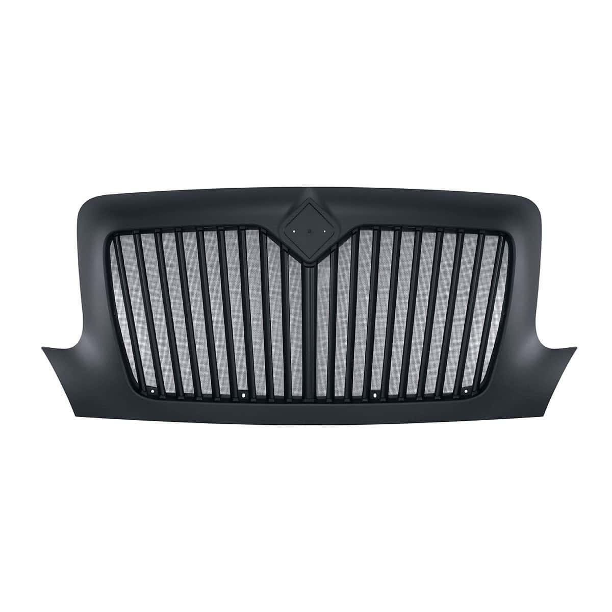 Black straight-bar grille with steel bug screen for International DuraStar, front view