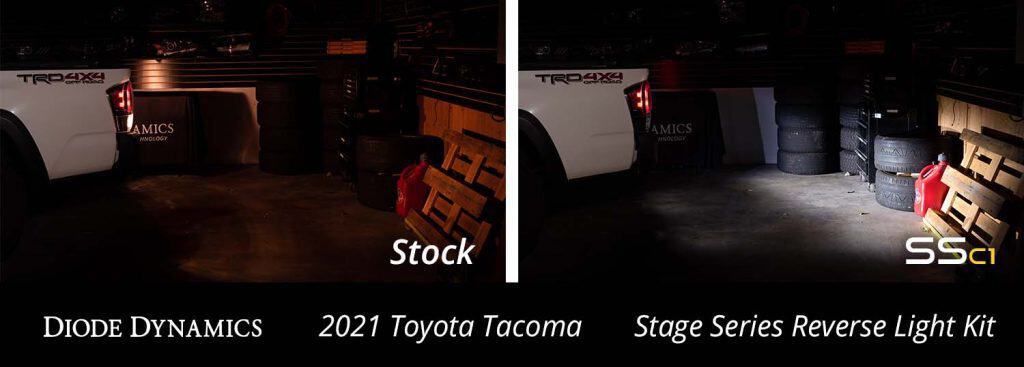 Diode Dynamics Stage Series Reverse Light Kit For 2016-2023 Toyota Tacoma C1 104 Manufacturer stock-versus-C1 output photograph on a 2021 Tacoma. The output tier is not identified; this is not a Sport-versus-Pro comparison.