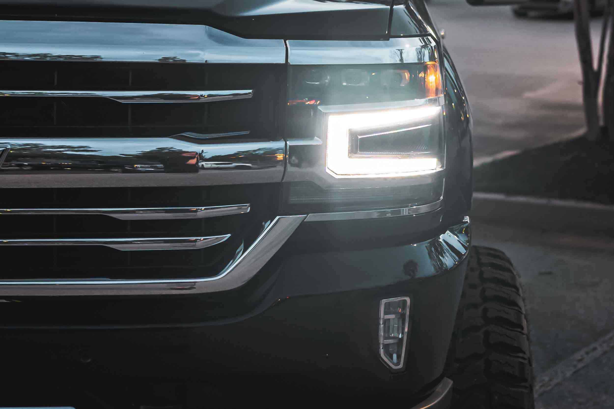 Morimoto Xb Led Headlight Kit For 2016–2018 Chevrolet Silverado 1500 — Choose Bezels 12 Installed headlight and DRL close-up